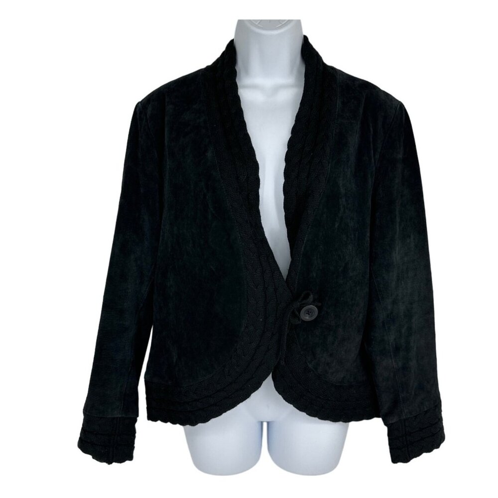 Coldwater Creek Genuine Suede Leather Black Cable Knit Jacket Women's Size M